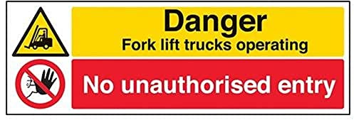 V Safety Danger Fork Lift Trucks Operating No Unauthorised Entry Sign - 450mm x 150mm - 2mm Rigid Plastic