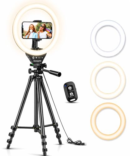 Sensyne Ring Light with Stand, 50 Phone Tripod for iPhone & Android, LED Ring Light with Remote, 3 Color Modes & 10 Brightness Levels for TikTok, Zoom & Video Recording