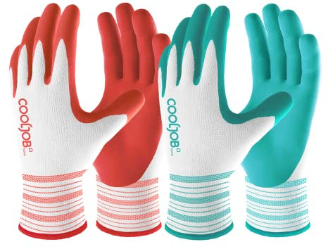COOLJOB 6 Paar Gartenhandschuhe für Damen, Arbeitshandschuhe mit atmungsaktive Gummibeschichtung, Handschuhe für die Arbeit, rot & grün