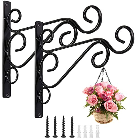 TSKDKIT Haken Blumenampel Schwarz mit Schrauben Blumenampel Halterung Garten Wandhaken Metall Wandhalterung für Pflanzen, Vogelfütterer, Windspiele, Laternen, Duftlampe