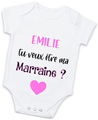 Body ou tee-shirt enfant personnalisé – Tu veux être ma Marraine ? – Cadeau annonce marraine – Prénom de la marraine – Rose ou bleu – De 3 mois à 4 ans (Demande marraine)