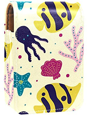 Lippenstift-Etui mit Spiegel, gelbes Korallen-Meeres-Muster, Lipgloss-Halter, tragbare Lippenstift-Aufbewahrungsbox, Reise-Make-up-Tasche, Mini-Leder-Kosmetiktasche für 3 Lippenstifte, Mehrfarbig,