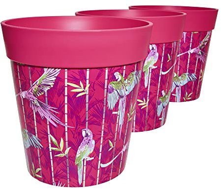 Hum Flowerpots, 22cm Set of 3, Various Patterns Colours and Sizes, Indoor/Outdoor Plastic Plant Pots, Pink Parrots