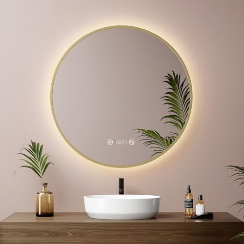 EMKE LED Badspiegel Rund 60cm, Goldrahmen, Antibeschlag und Dimmbar | Runder Spiegel mit Beleuchtung, Badezimmerspiegel mit Touch, Uhr, Temperatur, Memory-Funktion, Neutrale licht