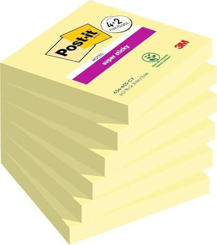 Post-It Foglietti Adesivi Super Sticky, Canary Yellow, 90 foglietti/blocchetto, 4+2 gratis, Giallo - Foglietti Post-it ad alta aderenza per appunti e promemoria