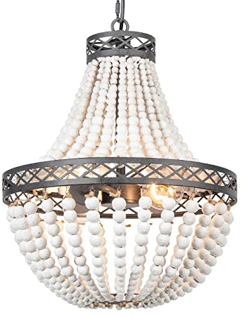 FIRVRE Weiß Boho Natürlich HolzPerlen Pendelleuchte Vintage Rustikale Led Hängende Lampe E27 Loft französische Landschaft Kronleuchter （LED- und Glühlampen-Lichtquellen nicht enthalten）