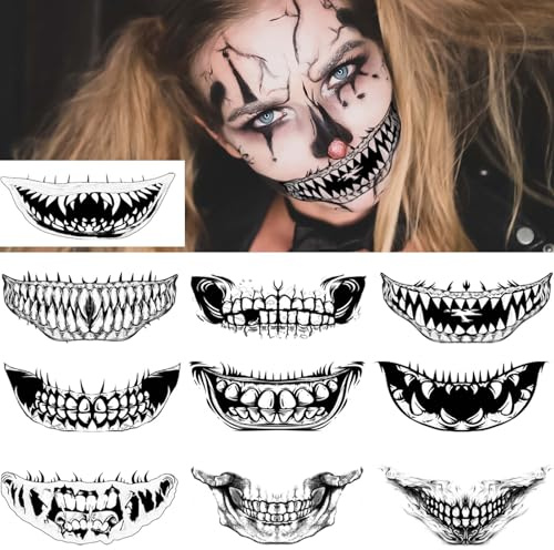 CHASPA 10 Packungen Halloween Clown Horror Mund Gesicht temporäre Tattoos, Streich Make-up Gesicht Abziehbilder Streich Requisiten für Halloween Cosplay Party DIY Dekorationen (schwarz)