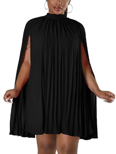 Women’s Casual Cape Sleeve Pleated Split Short Dress Loose Fit Cocktail Party Flowy Dress Black L