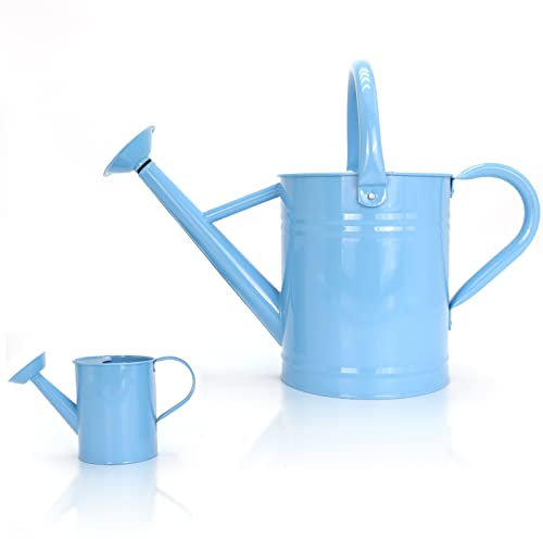 Lechloris Metall-Gießkanne für Outdoor-Pflanzen (3,8 Liter) mit Kinder-Gießkanne (0,16 Liter) – ideal für Familiengarten, Innen- und Außenpflanzen, Heimdekoration, Ostergeschenk (hellblau)