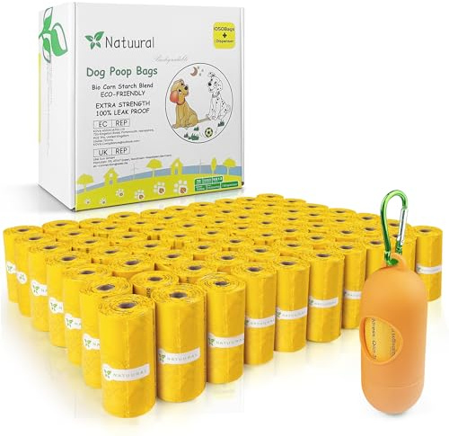 Poop Bags for Dogs-1050 Counts, 70 Rolls With a Free Dispensers, Biodegradable Poop Bags Made of Cornstarch, Size: 9x13 Inch, Extra Thick Strong and 100% Leak Proof (Yellow)