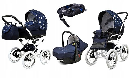 BabyLux® Kinderwagen Set 4 in 1 - Margaret White - incl. Babywanne, Buggy Sportsitz, Auto-Babyschale, ISOFIX-Basisstation - Autositz - Kinderwagenset - Kombikinderwagen mit Wickeltasche usw.