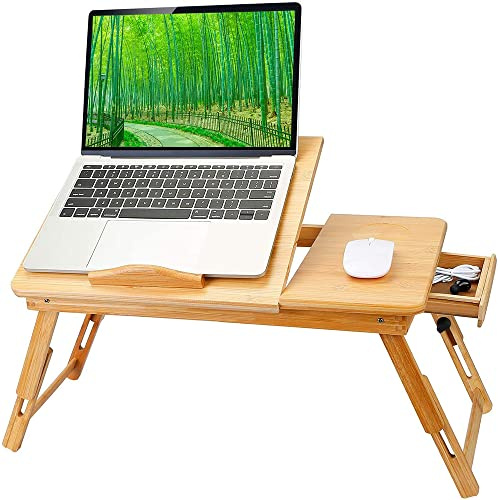 Supfine Table de Lit Pliante en Bambou, Plateau Réglable pour Ordinateur Portable, Plateau de Lit pour Petit Déjeuner avec Tiroir, Trous de Refroidissement (Boisée)