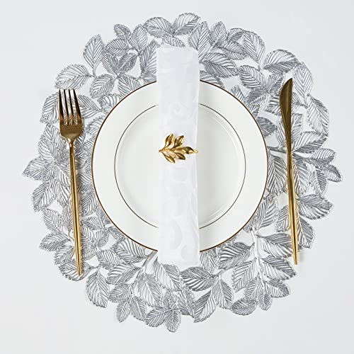 Crisjanggo Silver Placemats Set of 4 Round Leaf Placemats Non-Slip Wipeable Table Mats for Dinner,Party,Home Decoration Wedding Accent Centerpiece