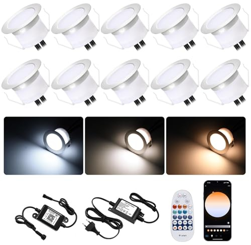 10er WIFI CCT Warmweiß Kaltweiß Bodeneinbaustrahler Aussen, Ø45mm 12V LED Treppenbeleuchtung Mini Spot Bodeneinbauleuchten, IP67 Wasserdicht, APP Steuerbar, Kompatibel Mit Alexa Google Home