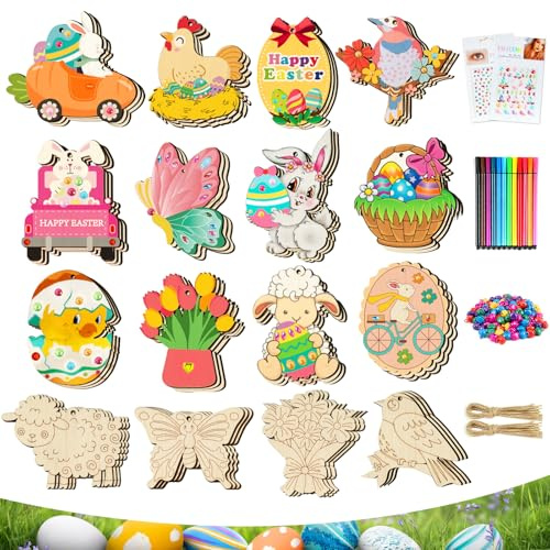 WEVOL Ostern Basteln kinder Holzanhänger Ostern zum Bemalen Ostereier Anhänger Holz Ostern Deko, Bastelset Dekoration- 170 Stück DIY Osterhase Osterdeko mit Malstift, Glöckchen, Strassaufkleber