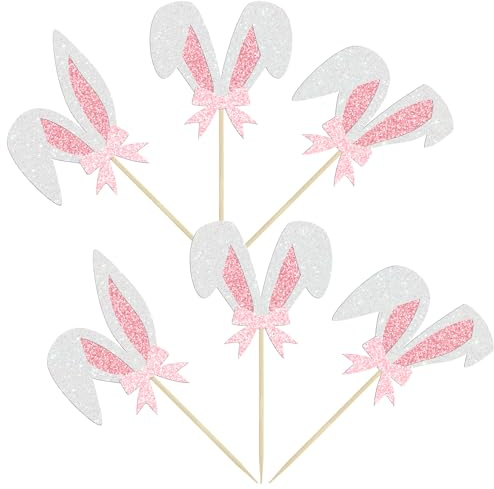 Gyufise 24Pcs Easter Bunny Ear Cupcake Toppers Glitter Rabbit Ears Cupcake Pick Decorations Easter Day Cake Toppers for Easter Theme Spring Birthday Baby Shower Party Supplies
