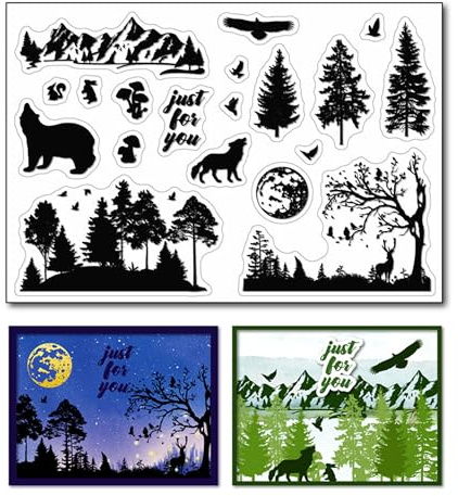 arriettycraft Siluett skog genomskinliga stämplar för korttillverkning eller journaltillverkning, silhuettträd, vilddjur, gummistämplar, berg, landskap, silikonstämplar för scrapbooking, papper
