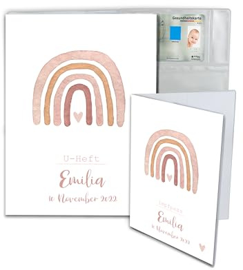 Minilino personalisierte U Heft Hülle 3-teiliges Premium Set für Impfpass & U-Heft [ SCHÜTZT WICHTIGE DOKUMENTE ] Organizer für Untersuchungsheft (Regenbogen rosa)