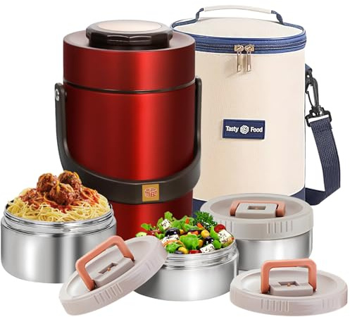 67 oz Adults Stainless Steel Vacuum Insulated Wide Mouth Soup Food Thermo Hot Food Jar with Keep Thermal Portable 3 Tier Stackable Bento Hot Food Containers Lunch Boxes (67 oz Red)