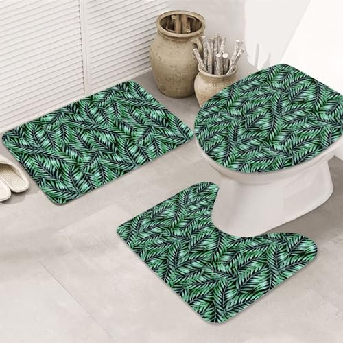 rutschfeste 3 Badteppich Set Palmendruck rutschfeste Fußmatte Set Langlebige Waschbar Badgarnitur Badematten, Für Badezimmer, Wc-Sitz Bezug