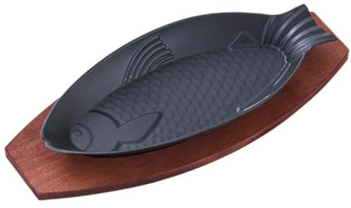 Luxylei Plato para Freír Carne, Sartén con Forma De Pescado, Sartén De Hierro Fundido, Plato, Planchas para Acampar, Utensilios De Cocina con Base De Madera para Restaurante