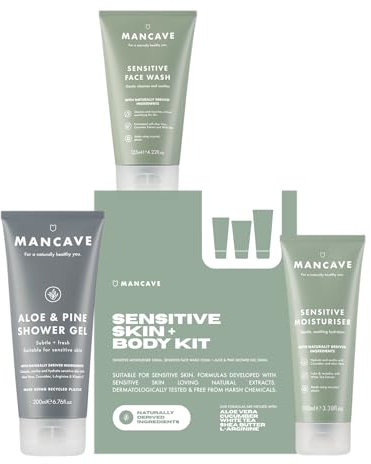 ManCave Sensitive Skin & Body Gift Set, Face Wash, Moisturiser, Shower Gel, Dermatologically Tested, Natural Formulations, Ideal for Travel, Vegan, Made in England, Packaging May Vary