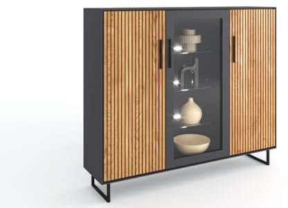 möbelando Highboard >Joe< in Eiche/anthrazit, Eiche teilmassiv - 146x147x40cm (BxHxT)