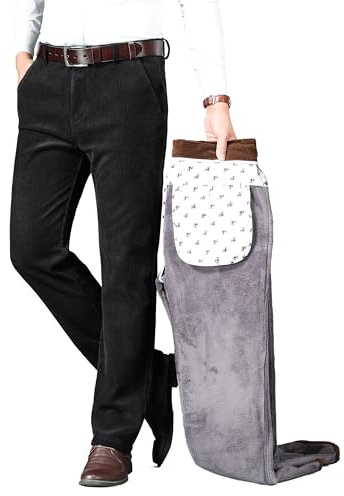 Ziilay Pantalon en corduroy pour homme Hiver Doublé avec doublure super douce en polaire extensible Pantalon de costume en corduroy Pantalon neige, Noir , 32W / 32L