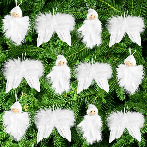 12PCS Christbaumschmuck Weiß, Weihnachtsschmuck Weiß, Weihnachtsbaumschmuck Engelsflügel und Wichtel Anhänger Set, Weihnachtsbaum Deko Feder, für Weihnachten Hochzeit Party/A