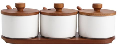 OnePine Set di 3 Zuccheriera Porcellana, 220ml Zuccheriera con Coperchio e Cucchiaio, Design Elegante, per Casa e Cucina, Bianco