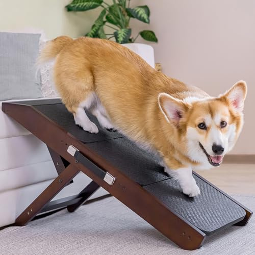 Hundtrappa 2 i 1 för säng och soffa – justerbar höjd 18–50 cm – husdjurstrappa för små hundar – med bräddavlopp, valnöt