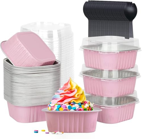 Lot de 50 mini moules à gâteau carrés avec couvercles et cuillères en aluminium avec couvercles et cuillères pour pain, dessert, mariage, anniversaire, pique-nique (rose argenté)