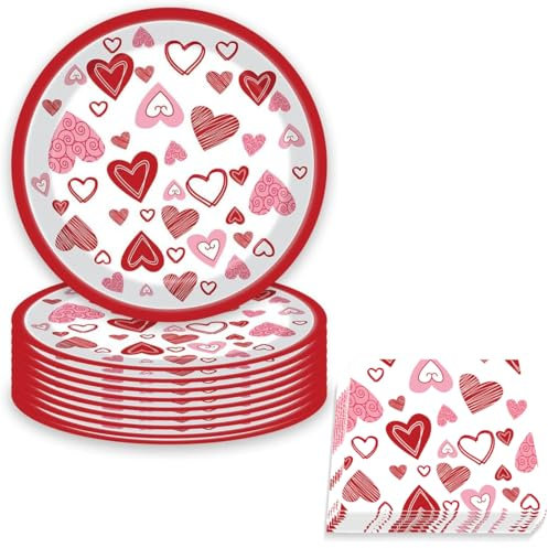 ZEPIQOR 24 Pcs Valentine's Day - Set di stoviglie per feste a tema, piatti, tazze, tovaglioli, decorazioni per feste a tema, per 24 ospiti