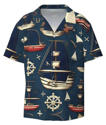 Nautico Vela Pirata Tema Stampa Camicia per Uomo Manica Corta Button Down Camicia Uomo Casual Estate Spiaggia Camicie, nero, L