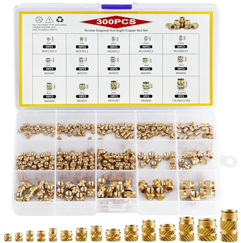 Druuzyl Set da 300 Inserti Filettati in Ottone per Stampanti 3D - M2 M2.5 M3 M4 M5 M6 - Dadi Zigrinati con Scatola PP ed Etichetta