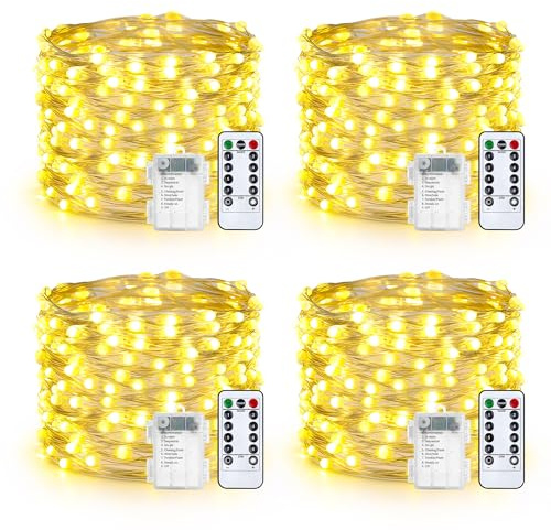Qedertek Lichterkette Außen Batterie - 4 Stück 100 LED Silberdraht Micro Lichterkette Wasserdicht 10M Lichterkette Weihnachtsbaum Warmweiß mit Fernbedienung für Außen Innen Garten Hochzeit Balkon