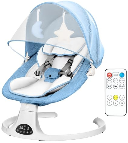 Baby Bouncer from Birth with 5 Swing Speed, 3-Stage Timer and Remote Control, Baby Swing Chair from Birth with 2 Plush Toys & Soft Padded Newborn Bouncer (Blue)