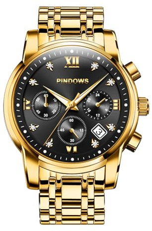 PINDOWS Herrenuhr, Quarz, Wochentag/Datum, Edelstahl, 3 ATM | Klassisches Business-Design mit Mineralglas, Leuchtzeigern, Datumsfenster, römischen Ziffern und 3 ATM Wasserschutz