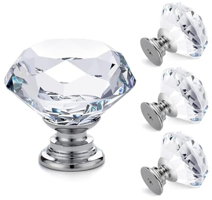 4 Pack Crystal Cabinet Knobs with Screws, 40mm Diamond Cut Drawer Handles, Crystal Glass Furniture Door Knobs for Wardrobe Cupboard Dresser Sideboard Kitchen Bathroom Modern Home Upgrade (Silver)