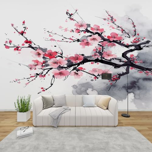 GEDAEUBA Papier Peint Panoramique Fleur de Cerisier Japonais, Papier Peint Intissé Motif Asiatique, Tapisserie Panoramique Salon, Décoration Murale Chambre, 350x256 cm