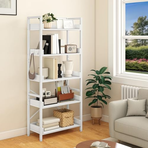 YITAHOME Offenes Bücherregal mit 5 Ebenen, schmal und hoch aus Metall mit 4 Haken, industrielles Lagerregal für Wohnzimmer, Home Office, Reinweiß