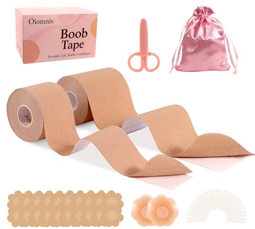 Oiomniv Boob Tape Set for Large Breasts A-G Cup, 2 Rolls 5M Stretchable Self-Adhesive Boobtape for Breast Lift & Support, 2 Pcs Nipple Covers, Waterproof, Skin-Friendly, Perfect for Stick on Bra