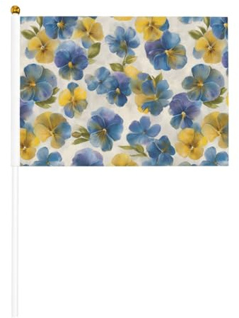 Aquarell-Stiefmütterchen in weichem Blau-Gelb, kleine Handflaggen, Mini-Flaggen auf Stab, für Partys, Teamaktivitäten, Paraden, Urlaubsdekoration, 10 Stück