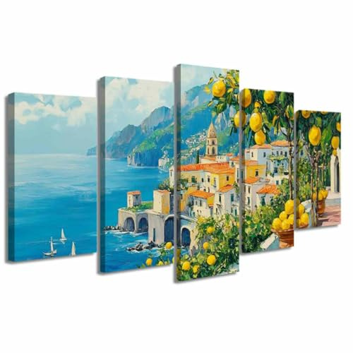 LZIMU teiliges große Leinwandbilder Italien Sommer Gelber Zitronenbaum Blaue italienische Küstenmalerei Drucke Natur Meereslandschaft Poster Küche Heimdekoration (Weiß, (80L x 150B cm))