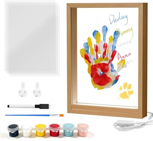 Kit Impronta Mano Famiglia con Lucietta LED, Spazio per 4 Persone, Kit Impronta Mano e Piede Bebè, Impronta Neonato, Cornice in Legno da Creare per Regalo