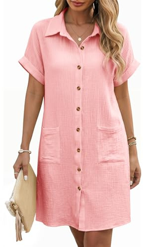 PASUDA Robe Eté Femme Chic et Elegant Coton Robes Chemise Longueur Genou Tunique à Manches Courtes Col V Robe de Plage Décontractée Ample avec Bouton Poches