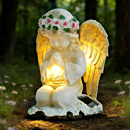KOHRIUK Solar Engel Gartenstatuen Betende Harz grabschmuck wetterfest grabengel wetterfest mit 3 LED Solarleuchten LED Fairy Engel Figur für Terrasse Balkon Friedhof Outdoor Gartendekoration 20,5cm