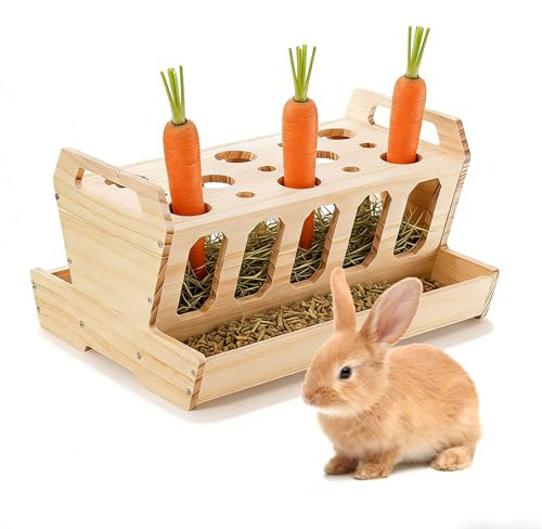 Höurräka kanin av trä – stor matspade med morotshållare, naturkalas, 30 × 22 × 18 cm, självfoder för kaniner, marsvin, hamstrar och gnagare