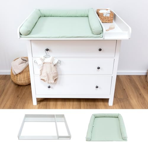LIMMALAND Wickelaufsatz-Set für IKEA HEMNES 108cm - Eukalyptus Light | Aufsatz mit Trennfach, Auflage aus 100% Baumwolle · waschbar bei 60°C · inkl. Baumwoll-Schlange als Stoßschutz
