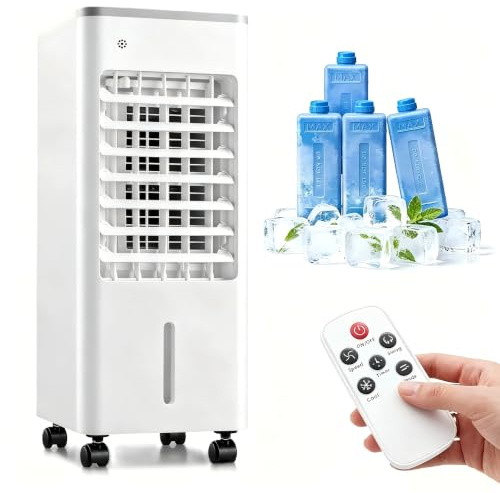 Portable Evaporative Air Cooler,3 in 1 Air Cooler/Fan/Humidifier Air Conditioner Fan with 6L WaterTank & Remote,3 Speeds,7.5H Timer,90° Oscillation,Quiet Cooling Fan for Home Bedroom Office (White)